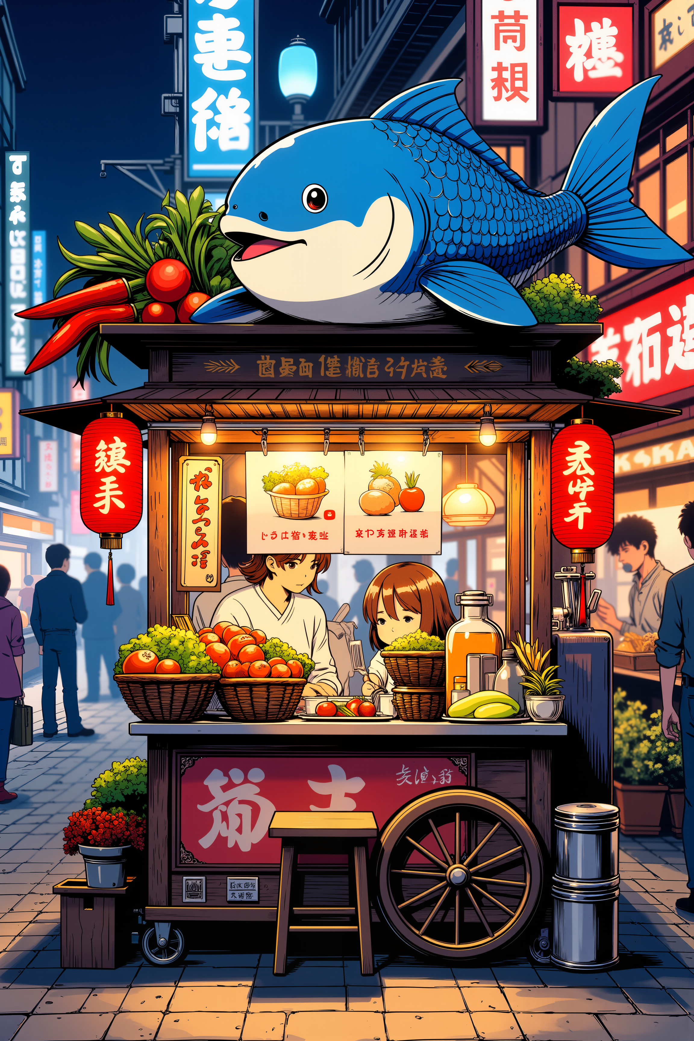 a whimsical food cart with a large, friendly blue fish as the mascot. The cart is decorated with vibrant red lanterns, traditional Japanese kanji signs, and an assortment of colorful vegetables. A small stool sits in front of the cart, which is adorned with various food items and utensils. The background is softly blurred, suggesting a bustling street market at night. The art style is vibrant and cartoonish, with a warm, inviting atmosphere..Detailed shadows.intricate details, vivid colors, hyper-detailed, ultra-sharp, ,, ,meiman_style,This is a retro comic book style digital illustration,  <lora:meimanstylev2:0.4><lora:Vintage comic book:0.4><lora:RetroAnimeFluxV1:0.15><lora:Greg_Capullo_style:0.4><lora:jeanClaude_Mzires_Style_FLUX-000001:0.4><lora:Flux_Ink_Anime:0.4>