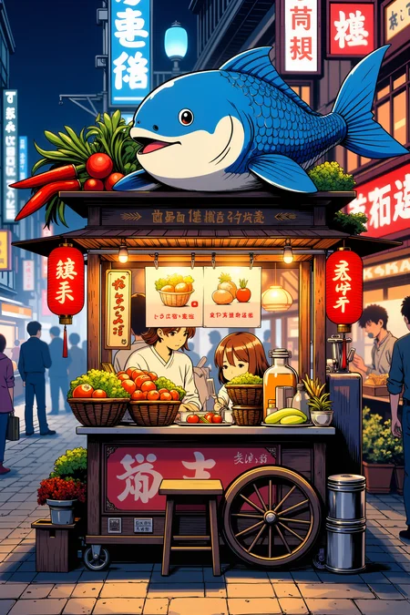 a whimsical food cart with a large, friendly blue fish as the mascot. The cart is decorated with vibrant red lanterns, traditional Japanese kanji signs, and an assortment of colorful vegetables. A small stool sits in front of the cart, which is adorned with various food items and utensils. The background is softly blurred, suggesting a bustling street market at night. The art style is vibrant and cartoonish, with a warm, inviting atmosphere..Detailed shadows.intricate details, vivid colors, hyper-detailed, ultra-sharp, ,, ,meiman_style,This is a retro comic book style digital illustration, <lora:meimanstylev2:0.4><lora:Vintage comic book:0.4><lora:RetroAnimeFluxV1:0.15><lora:Greg_Capullo_style:0.4><lora:jeanClaude_Mzires_Style_FLUX-000001:0.4><lora:Flux_Ink_Anime:0.4>