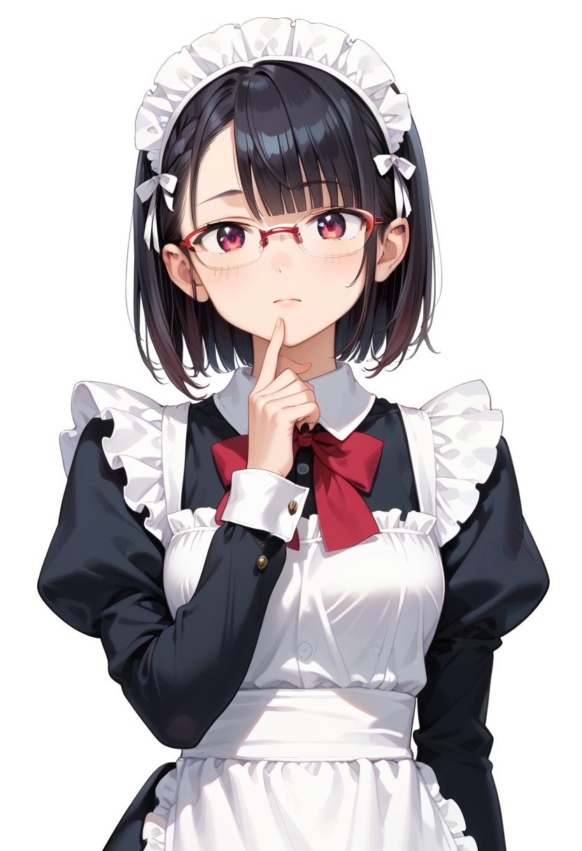 score_9, score_8_up, score_7_up, rating_safe, masterpiece, best quality, absurdres, unity 8k wallpaper, official art, official style, source_anime, uncensored, game cg, megami magazine,
1girl, solo, black hair, medium hair, upper body, covered eyes,maid, maid headdress, black dress, maid apron, face focus,
halfrim17s,  still life, white background, simple background, red-framed eyewear,
 <lora:glasses_halfrim17S_PONY_V1:1>