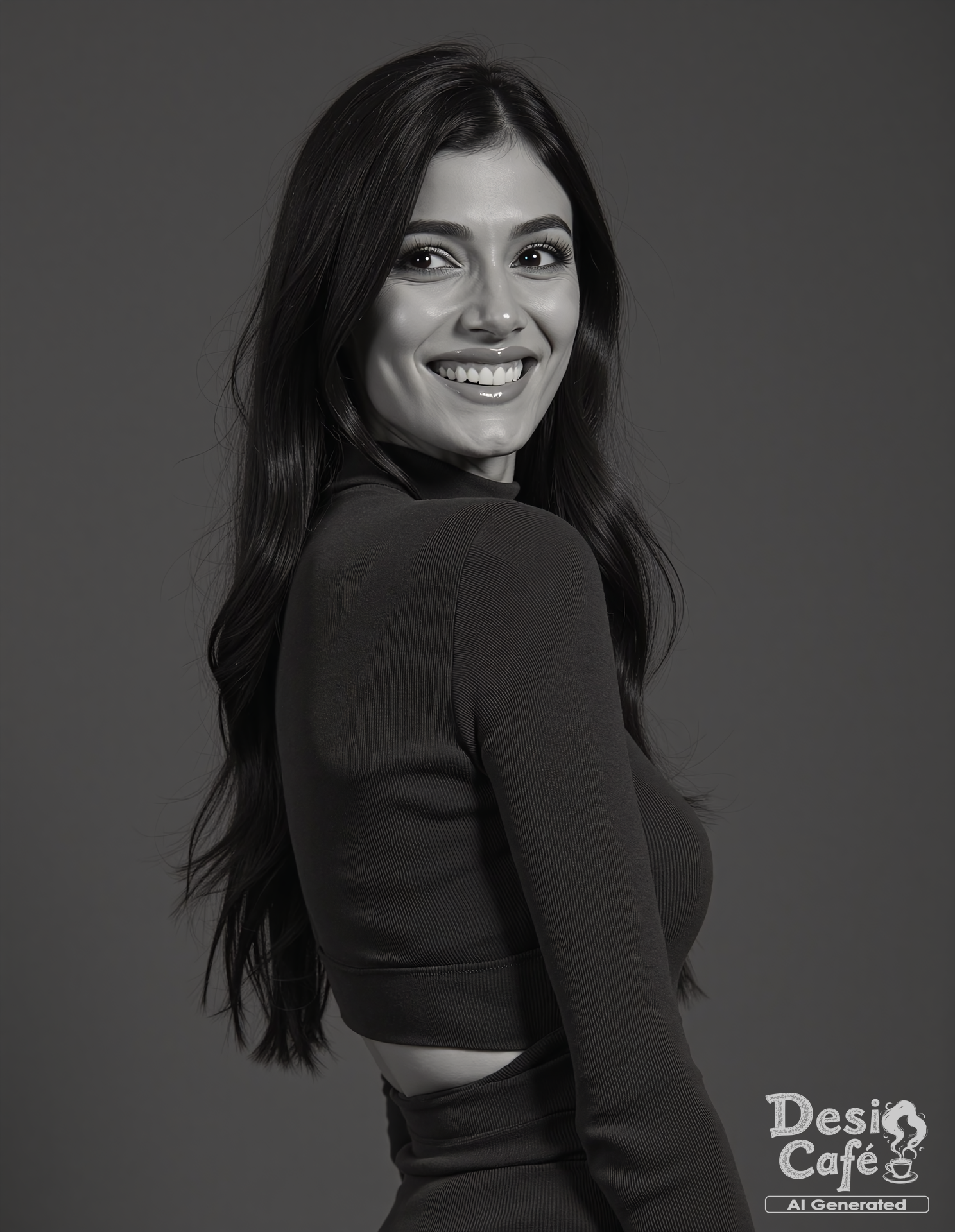 vintage greyscale photo of sum1t s1ngh woman, hyper realistic photo that is safe for work, laughing, studio quality image, well dressed wearing intricate turtleneckfull body Gym Wear, hair styled as straight hair,muted shaded background that contrasts with the person, cinematic lighting,âââââ <lora:Sum1t_S1ngh_Flux_Kohya_V1:0.8>âââ