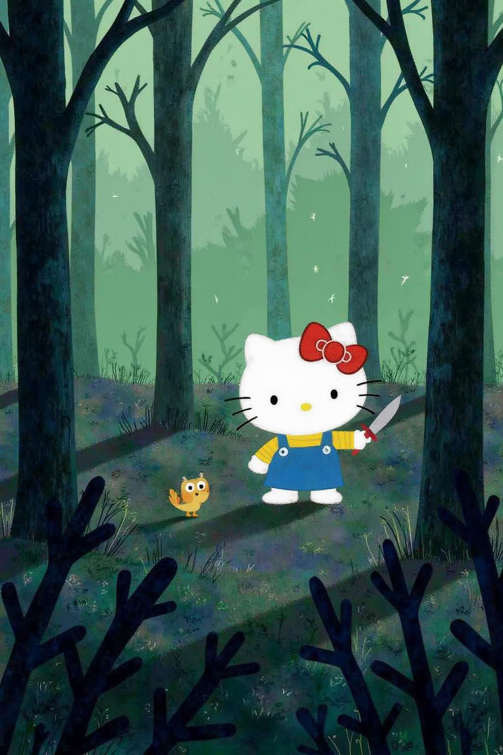 macha1 illustration. 
illustration Hello Kitty in the middle of the forest holding a knife, the atmosphere and the character looks scary, Hello Kitty is hidden by the shadows.  <lora:macha1_cap_d6a3e12:1.0><lora:827730525679683893:0>