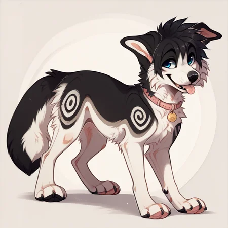 solo, mammal, feral, canid, tongue, canine, simple background, hair, digital media (artwork), fur, white body, tongue out, white fur, blue eyes, paws, feet, ambiguous gender, pawpads, black hair, open mouth, toes, tail, smile, 4 toes, canis, tuft, domestic dog <lora:gosdoq_1.0Pony:1>