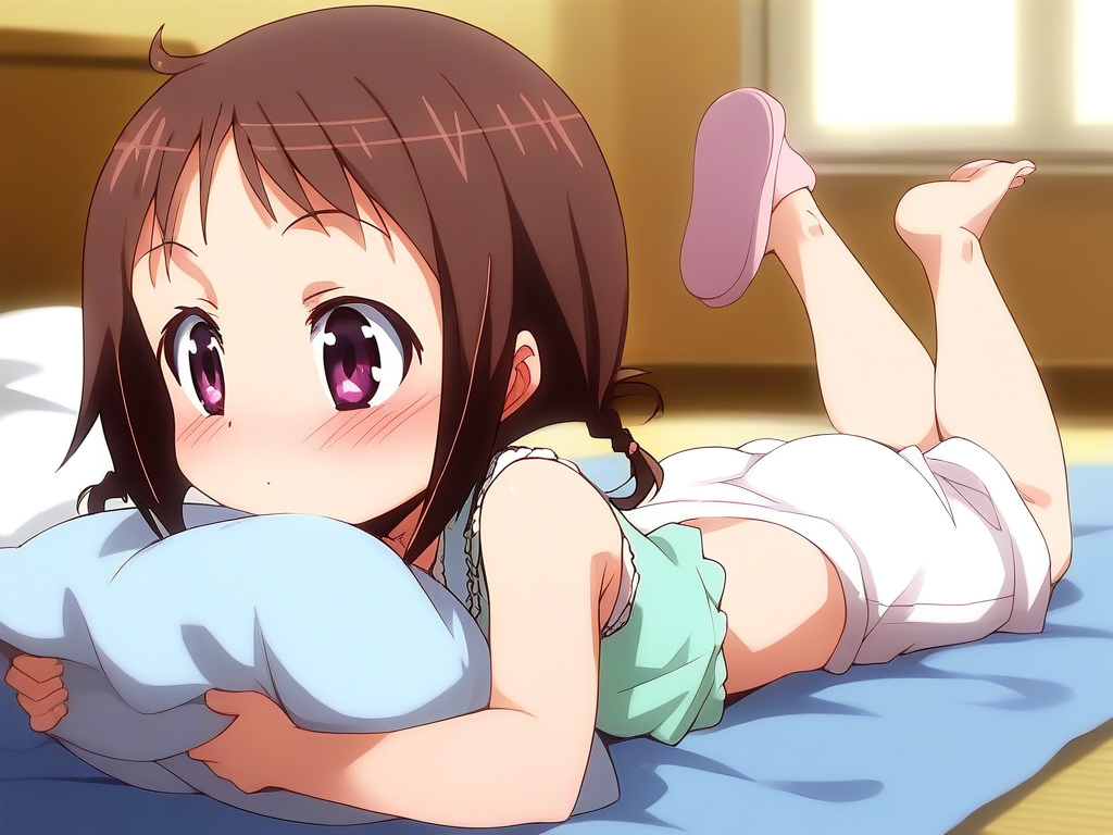 score_9, score_8_up, score_7_up, source_anime, rating_explicit, BREAK  <lora:Wakana_Misato_XL:1> Wakana_Misato, brown hair, short hair, twin braids,  purple eyes,  short stack,
 1girl, slippers, solo, lying, on stomach, >_<,  blush, pillow, barefoot,  indoors,  sleeveless,  long pants,
home in the room,