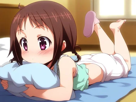score_9, score_8_up, score_7_up, source_anime, rating_explicit, BREAK <lora:Wakana_Misato_XL:1> Wakana_Misato, brown hair, short hair, twin braids, purple eyes, short stack,
1girl, slippers, solo, lying, on stomach, >_<, blush, pillow, barefoot, indoors, sleeveless, long pants,
home in the room,