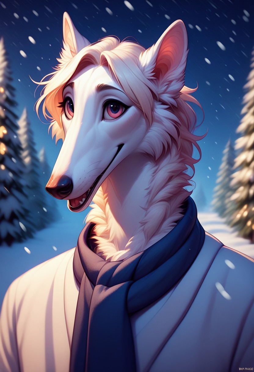 score_9, score_8_up, score_7_up, perfecteyes, winter garden, Anthro,   Borzoi ,long snout, snowfall , night, borzoi_anthro