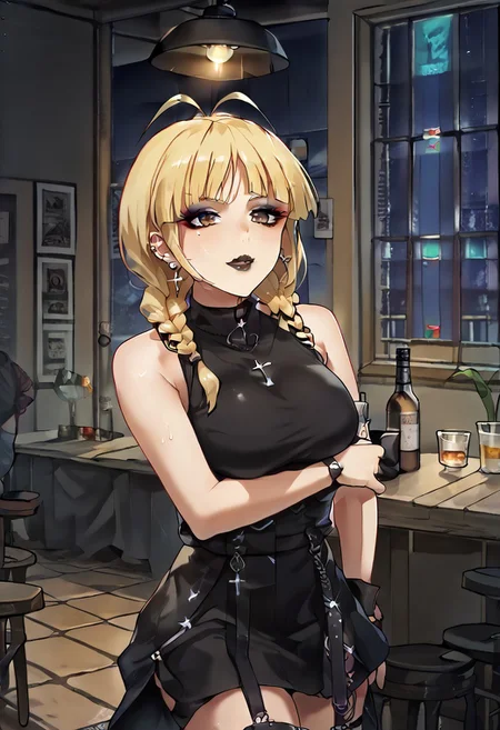 Score_9,score_8_up,score_7_up,score_6_up,source_anime,detail,1girl,solo,neon glow,BREAK
GothicC, makeup, lipstick, mascara, black nails, tattoo, black lips, wide lips, BREAK
akzkrtk,long hair, (blonde hair),(twin braid,bangs:1.1), antenna hair,((no glasses)),brown eyes, BREAK
(the whole body is sweaty:1.2), (steam on the body),((jet-black skin)), BREAK
(indoors:1.1),(night:1.4),(cowboy shot:1.2), Dutch Angle Shot, (dynamic angle:1.2), (dynamic pose:1.2), face focus, eyes focus, (sitting, beside Bar counter,), holding wine, BREAK
ruanyi0729,indoors,bar \(place\), BREAK
ruanyi1005,backless dress,black dress,sleeveless,turtleneck,short dress,tight dress,cross-laced clothes, BREAK
Expressiveh,horny face,((seduce)),seduce smile, mouth close, BREAK
OverallDetail,Frontlight,