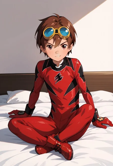 score_9, score_8_up, score_7_up, zPDXL2,
1boy, solo, goggles on head, brown hair,
,sitting on bed,
geki red, red bodysuit, black markings, red gloves, red boots,