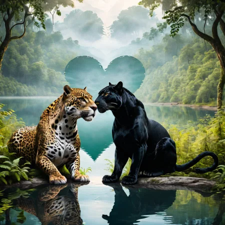 A panther and a jaguar laying together in the forest, (the negative space making an heart shape between them), looking out over a lake.
masterpiece, 8k, high definition
