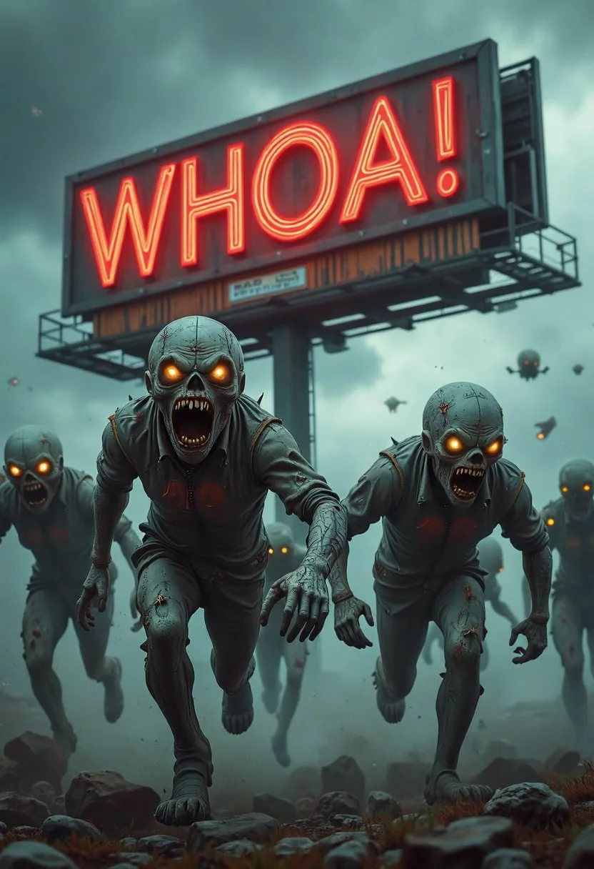 yfg-sm0rg, Zombies running screaming. A large billboard in the background reads "WHOA!"