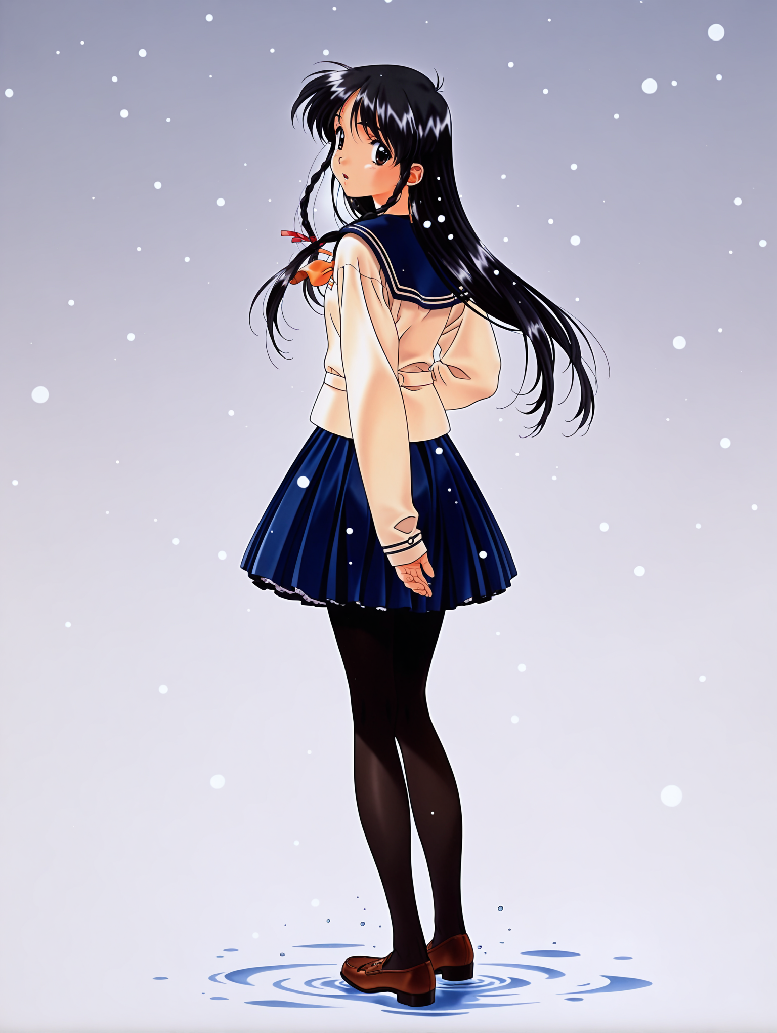 masterpiece,best quality,amazing quality,
1girl,solo,
retro artstyle,<lora:sugihara_manami_ilxl_v1.0:1>,s_manami,black hair,long hair,hair ribbon,twin braids,brown eyes,s_manami,serafuku,long_sleeves,blue skirt,black_pantyhose,brown loafers,
<lora:Fixhands_anime_bdsqlsz_V1:1>,simple_background,snowing,standing_on_liquid,from behind,looking_back,