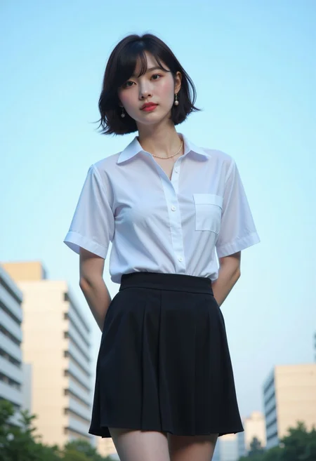Realistic photograph, Movie light, film grain, short hair, bob cut, hair over one eye, (solo, secretary, sexy), necklace, earrings, long bang hair, thick thighs, wide hips, perfect large round butt, silk stocking, garter belt, long legs, shiny skin, parted lips, standing, outdoors, sky, building, Against a soft, true gradient blue background, Realistic photograph, Movie light, film grain, close-up, upper body, 1girl, (ultra HD quality details), perfect sagging large breasts, dynamic angle, dynamic pose, white shirt, collared shirt, school uniform,