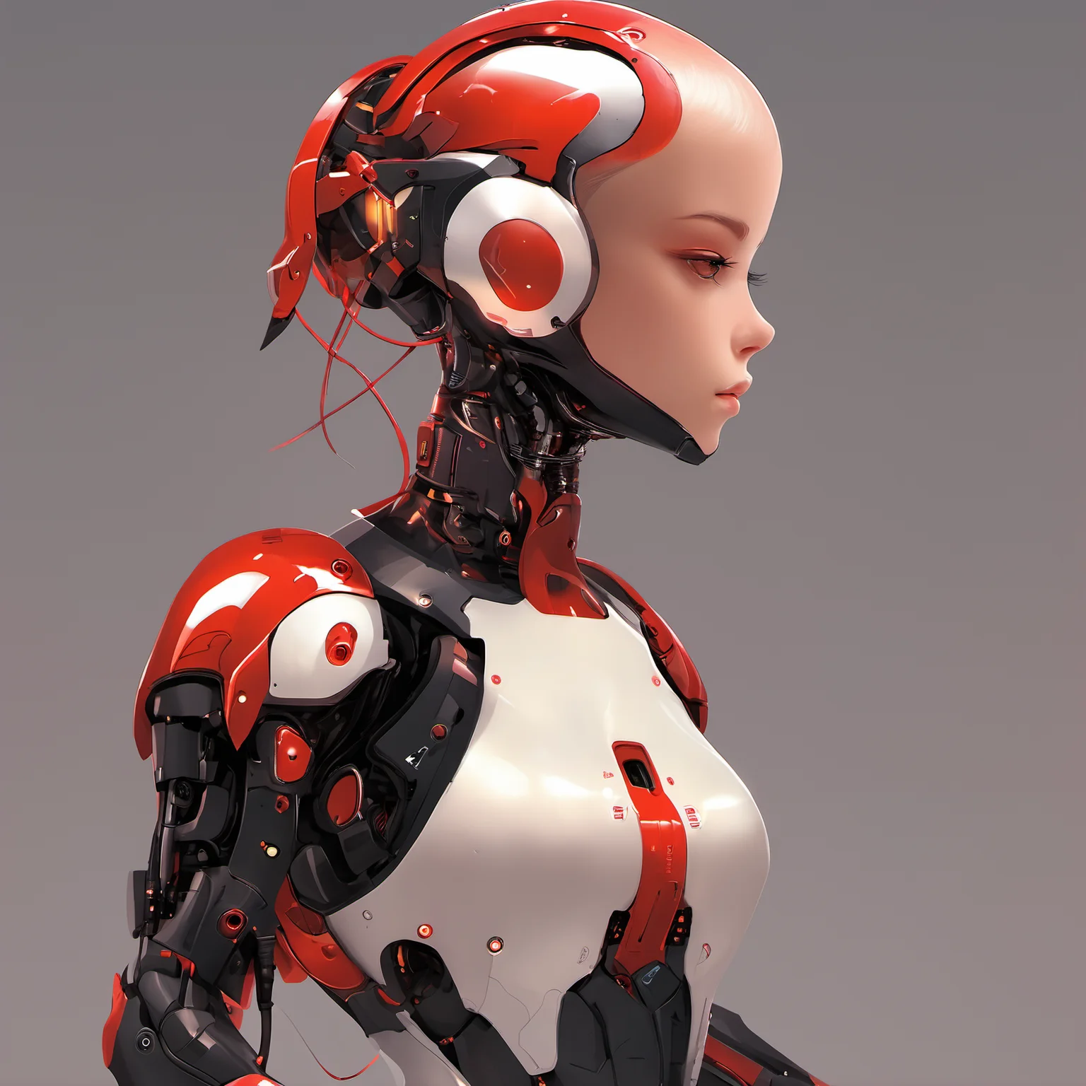 FUNDING,future,concept robot,black robot 1girl,solo,short hair,simple background,red eyes,upper body,from side,lips,profile,glowing,spot color,science fiction,android,cable,cyborg,<lora:FN_WeiLai-000005:1>,