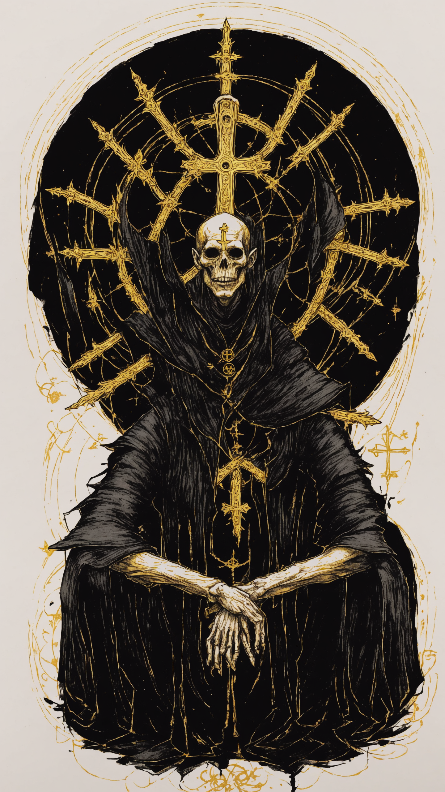 <lora:DarkInkAI:1> DarkInkAI, a gothic wizard, floating cross legged, circle of arms, radiating power, gold ink, inksketch