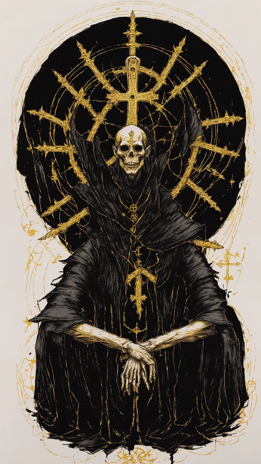 <lora:DarkInkAI:1> DarkInkAI, a gothic wizard, floating cross legged, circle of arms, radiating power, gold ink, inksketch