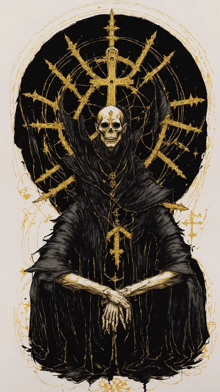 <lora:DarkInkAI:1> DarkInkAI, a gothic wizard, floating cross legged, circle of arms, radiating power, gold ink, inksketch