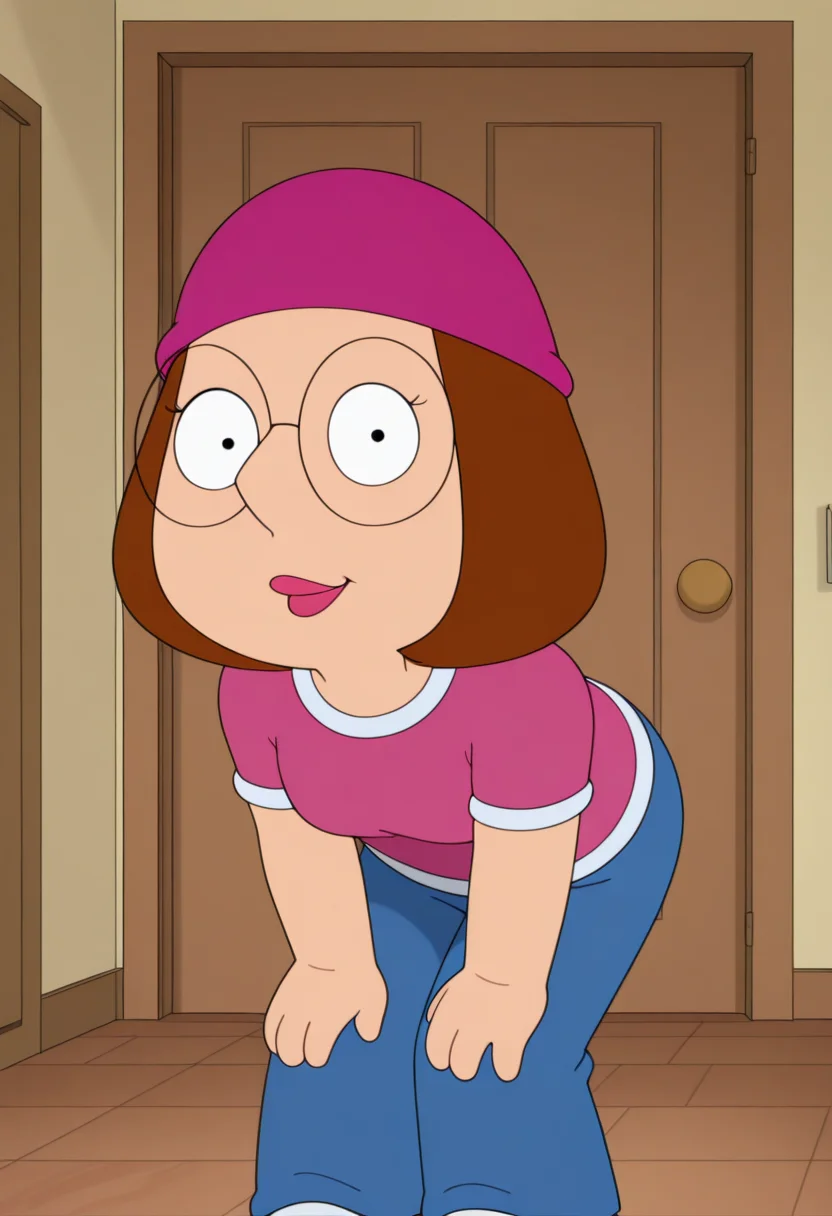 masterpiece, best quality, amazing quality, m3ggf, 1girl, brown hair, glasses, pink beanie, pink t-shirt, blue pants, hands on knees, bending forward, looking at viewer, playful expression, indoors, cinematic shot,