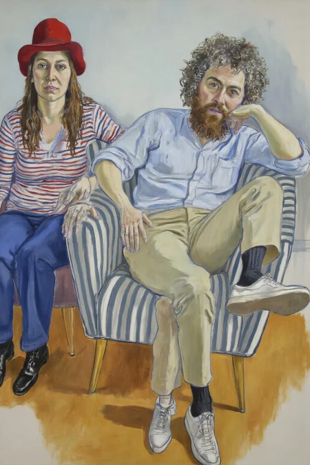 aliceneel2 painting.
A couple sit in a room. On the left sits a woman, wearing a red hat, a striped shirt, blue pants, and black shoes. On the right sits a bearded man with bushy curly gray hair, a light blue shirt, beige pants, and black socks with white shoes. He has one leg raised and resting on the armrest. He has one hand on his thigh and the other hand supporting his head. The background is a light-colored wall, and the floor appears wooden. <lora:aliceneel2_d8a4:1.0><lora:866281791336498166:0>
