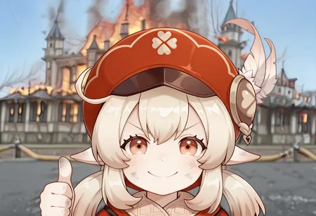 1girl, Klee \(Genshin_Impact\), disaster girl, fire, burning building, photo background, smile, v-shaped eyebrows, hat, dirty, looking at viewer, thumbs up, castle, blue sky, masterpiece, best quality, amazing quality,