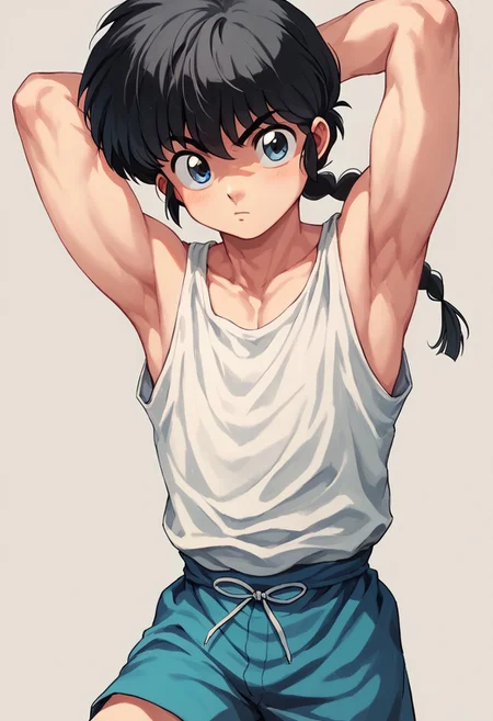 score_9, score_8_up, score_7_up, 1boy, solo, cute boy, Ranma_Kun, Black Hair, Single Braid, Blue Eyes, tank top, shorts, arms behind head, armpits