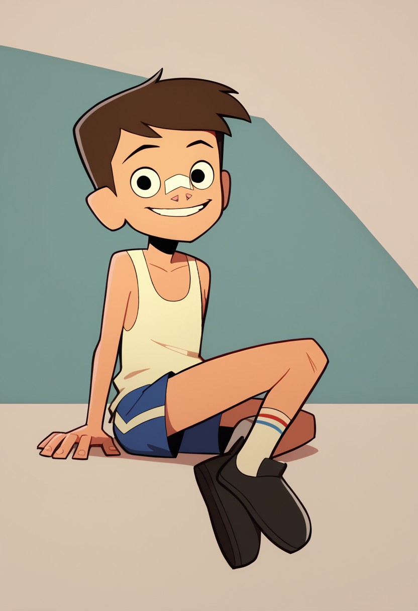 score_9, score_8_up, score_7_up BREAK LuckyLay, 1boy, brown hair, black eyes, nose bandage, white tank top, blue shorts with white stripe, socks with red stripe, black shoes, solo, solo focus, cartoon, source_cartoon, full body, smiling at viewer,