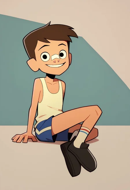 score_9, score_8_up, score_7_up BREAK LuckyLay, 1boy, brown hair, black eyes, nose bandage, white tank top, blue shorts with white stripe, socks with red stripe, black shoes, solo, solo focus, cartoon, source_cartoon, full body, smiling at viewer,