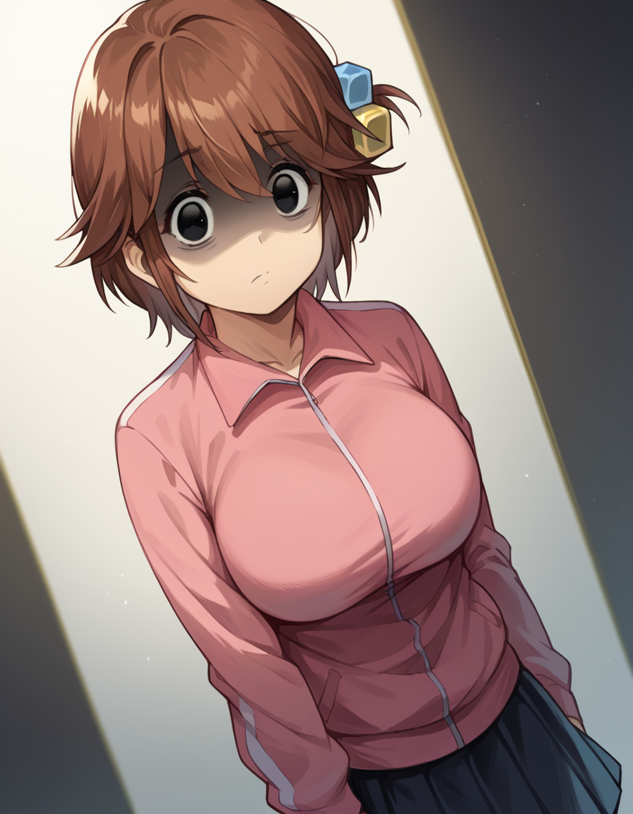 score_9, score_8_up, score_7_up, source_anime, <lora:kyouko-houin-s1-ponyxl-lora-nochekaiser:1>, kyouko houin, short hair, large breasts, brown hair, black eyes,, <lora:gotoh-hitori-cosplay-ponyxl-lora-nochekaiser:1>, gotoh hitori cosplay, gotoh hitori (cosplay), pink track suit, cube hair ornament, pink jacket, track jacket, cosplay, skirt, black skirt, pleated skirt,, shaded face, averting eyes,, cowboy shot,, , dutch angle, cowboy shot