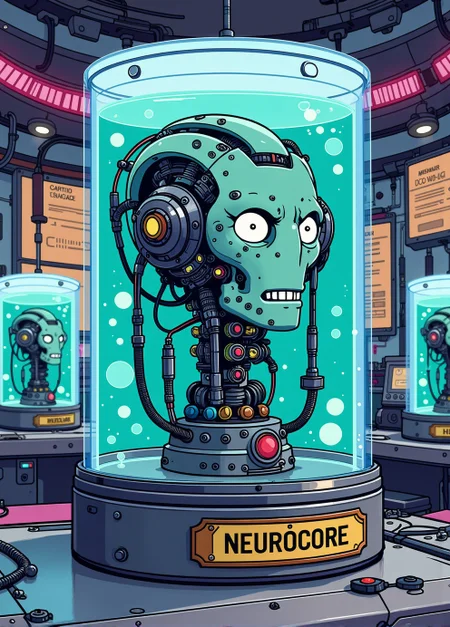 <lora:ck-nc-pastel-cyberpunk:1.1>, A digital artwork in the style of cknc, image of Cyborg as a 'living head in a jar,' inspired by the Futurama series. The head should be in a clear jar filled with a bright blue liquid, with exaggerated tubes and wires connected to it, adding a humorous and whimsical touch. The jar should sit on a metallic stand with a bold, simple nameplate on the front that reads 'NEUROCORE.' The background should be a colorful, futuristic lab with other similar cartoon jars, maintaining a playful and light-hearted tone.
 anime style, key visual, vibrant, studio anime, highly detailed
 <lora:Living_Head_In_A_Jar_Flux:0.8>