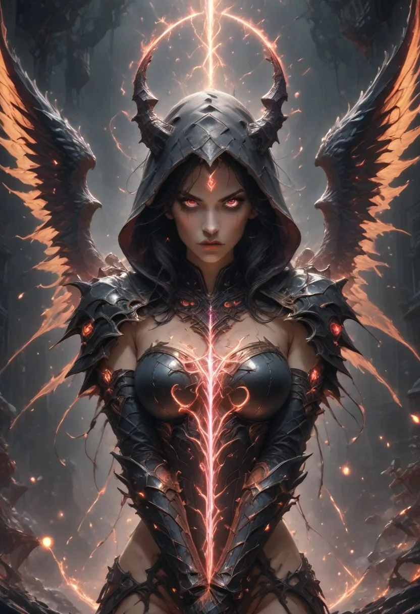 score_9, score_8_up, score_7_up, score_6_up, score_5_up, score_4_up, glowing hair, brown eyes, pink eyes, upper body, weapon, water, black hair, gloves, hood, angel, bird, yellow eyes ,cinematic, realism, heaven and devilish characters, detailed wings, supernatural beings, heaven vs hell contrast, dramatic lighting, atmospheric mystical ambiance, glowing eyes, ethereal , dark vs light, god rays, dramatic and intense highlighting the contrast between heaven and hell, moment of impact, cinematic flair , evoking sense ,tension and emotion, artistically rendered, detailed character design, otherworldly, hell background hell, hell cave, dim light, Expressiveh,zPDXLxxx, zPDXL2,