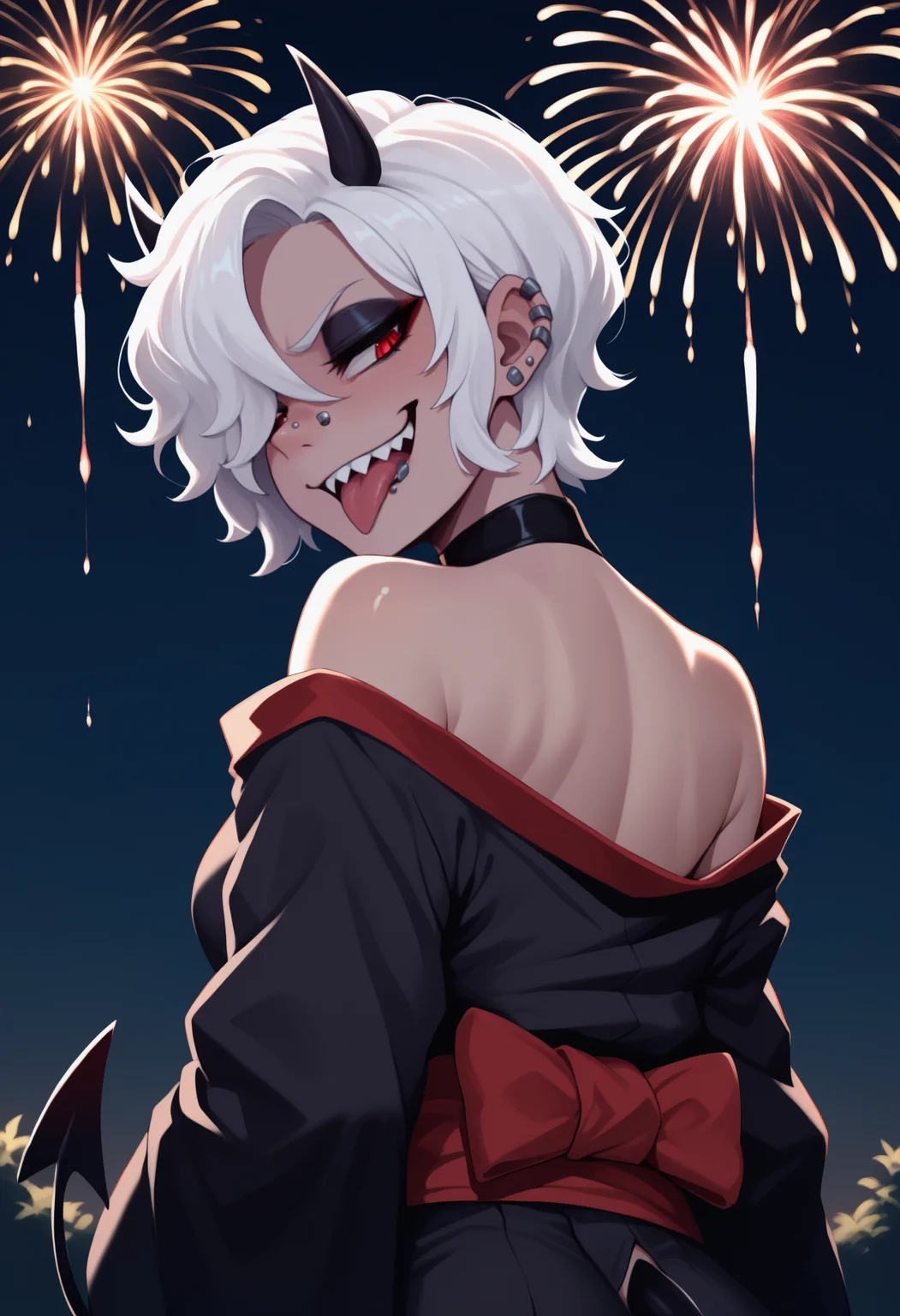 anime, masterpiece, best quality, newest, from behind, solo, 1girl, zdr4da, demon tail, ear piercing, nose piercing, lip piercing, eyeshadow, sharp teeth, smirk, open mouth, tongue out, looking back, short hair, white hair, hair over one eye, black horns, demon horns, red eyes, japanese clothes, black kimono, off shoulder, red sash, bare shoulders, outdoors, night, fireworks
<segment:yolo-face_yolov8m.pt,0.4,0.5//cid=1> 1girl, nose piercing, lip piercing, eyeshadow, sharp teeth, smirk, open mouth, tongue out, looking back, red eyes