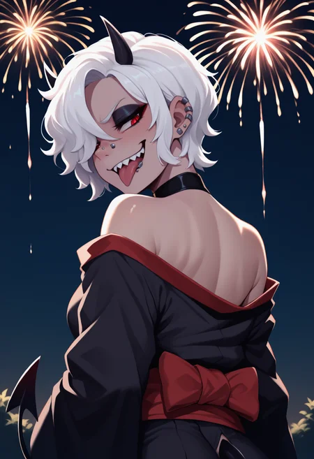 anime, masterpiece, best quality, newest, from behind, solo, 1girl, zdr4da, demon tail, ear piercing, nose piercing, lip piercing, eyeshadow, sharp teeth, smirk, open mouth, tongue out, looking back, short hair, white hair, hair over one eye, black horns, demon horns, red eyes, japanese clothes, black kimono, off shoulder, red sash, bare shoulders, outdoors, night, fireworks
<segment:yolo-face_yolov8m.pt,0.4,0.5//cid=1> 1girl, nose piercing, lip piercing, eyeshadow, sharp teeth, smirk, open mouth, tongue out, looking back, red eyes