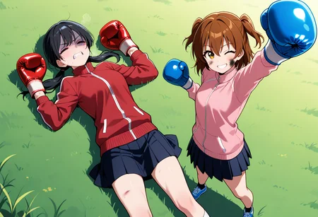 boxing gloves, bruised eye, nosebleed, one eye closed, clenched teeth, <lora:girlsboxingdownloraillustrious-000060:0.3>, gbdown, full body, cowboy shot, from above, cowboy shot, masterpiece, best quality, 2girls, outdoors, grass, BREAK
lying, on back, lying on back, red boxing gloves, black hair, low twintails, track jacket, skirt, BREAK
(bruised eye, dirty face:1.1), one eye closed, arms up, raised fist, smile, happy, standing, looking at viewer, blue boxing gloves, brown hair, two side up, track jacket, skirt, shoes,