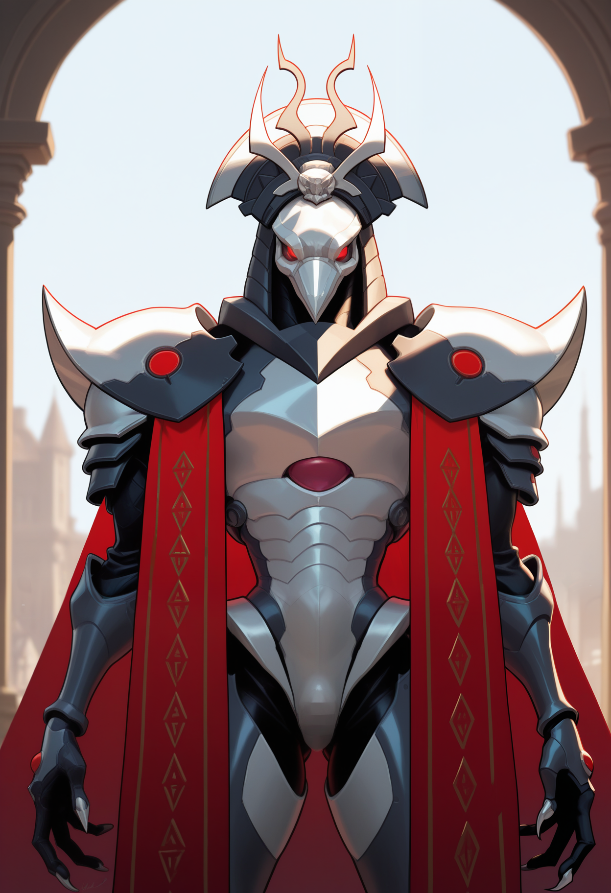 masterpiece,best quality,amazing quality, 1boy, solo, r4v3n, bird boy, armor, helmet, red cape,