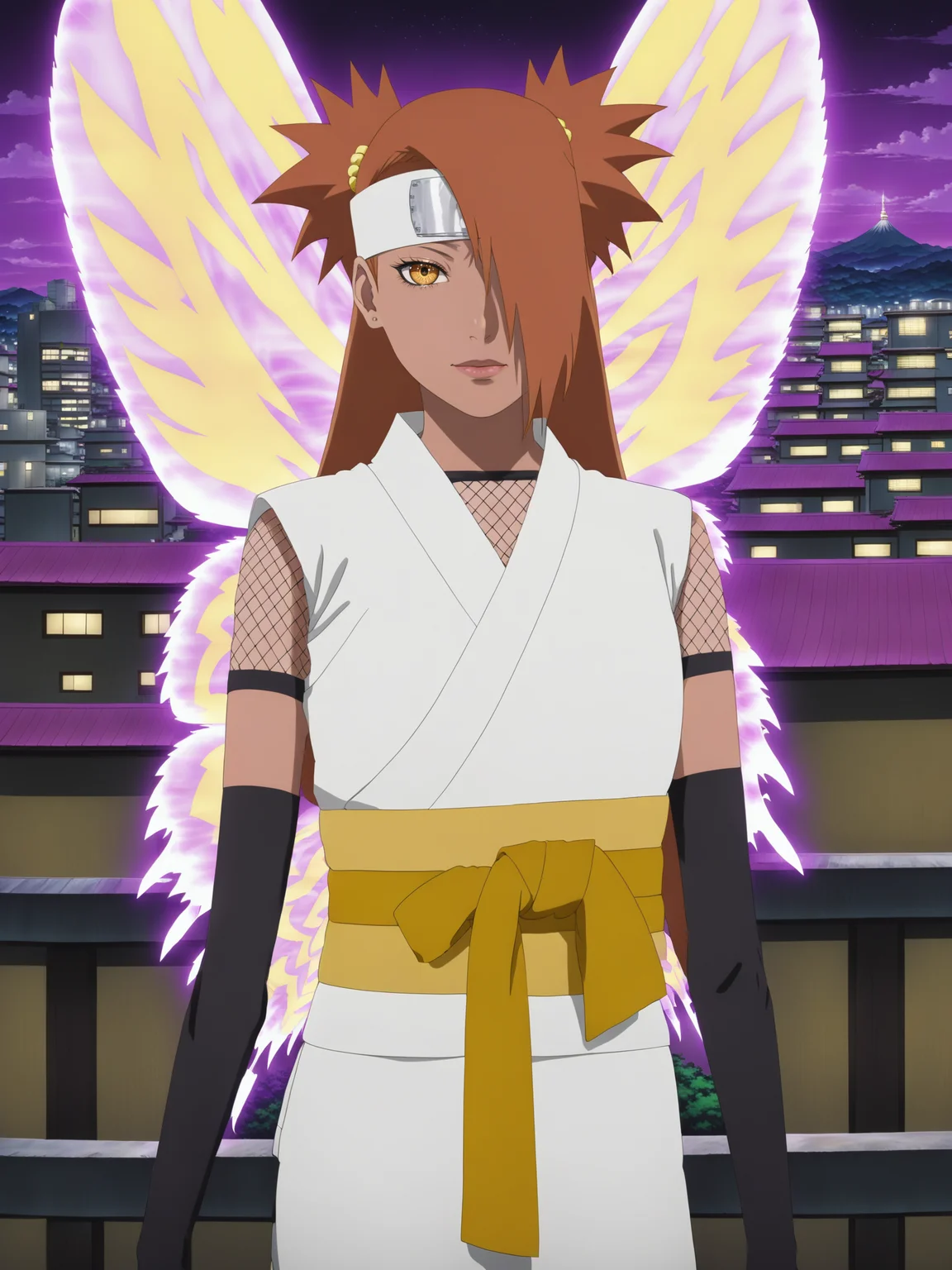 chocho akimichi, woman, chodef, butterfly mode, purple wings, forehead protector, white kimono, fishnet shirt, arm warmers, sleeveless, yellow sash, dark yellow ribbon, upper body, close-up, city in background, standing, full body, <lora:Chocho_Akimichi_sdxl_v2:1>,