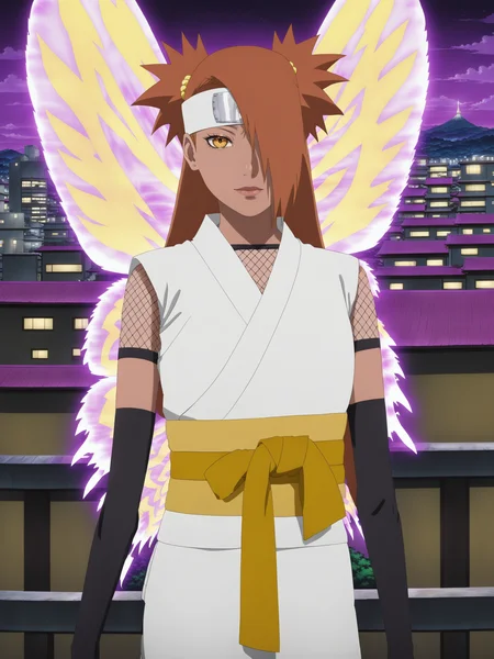chocho akimichi, woman, chodef, butterfly mode, purple wings, forehead protector, white kimono, fishnet shirt, arm warmers, sleeveless, yellow sash, dark yellow ribbon, upper body, close-up, city in background, standing, full body, <lora:Chocho_Akimichi_sdxl_v2:1>,