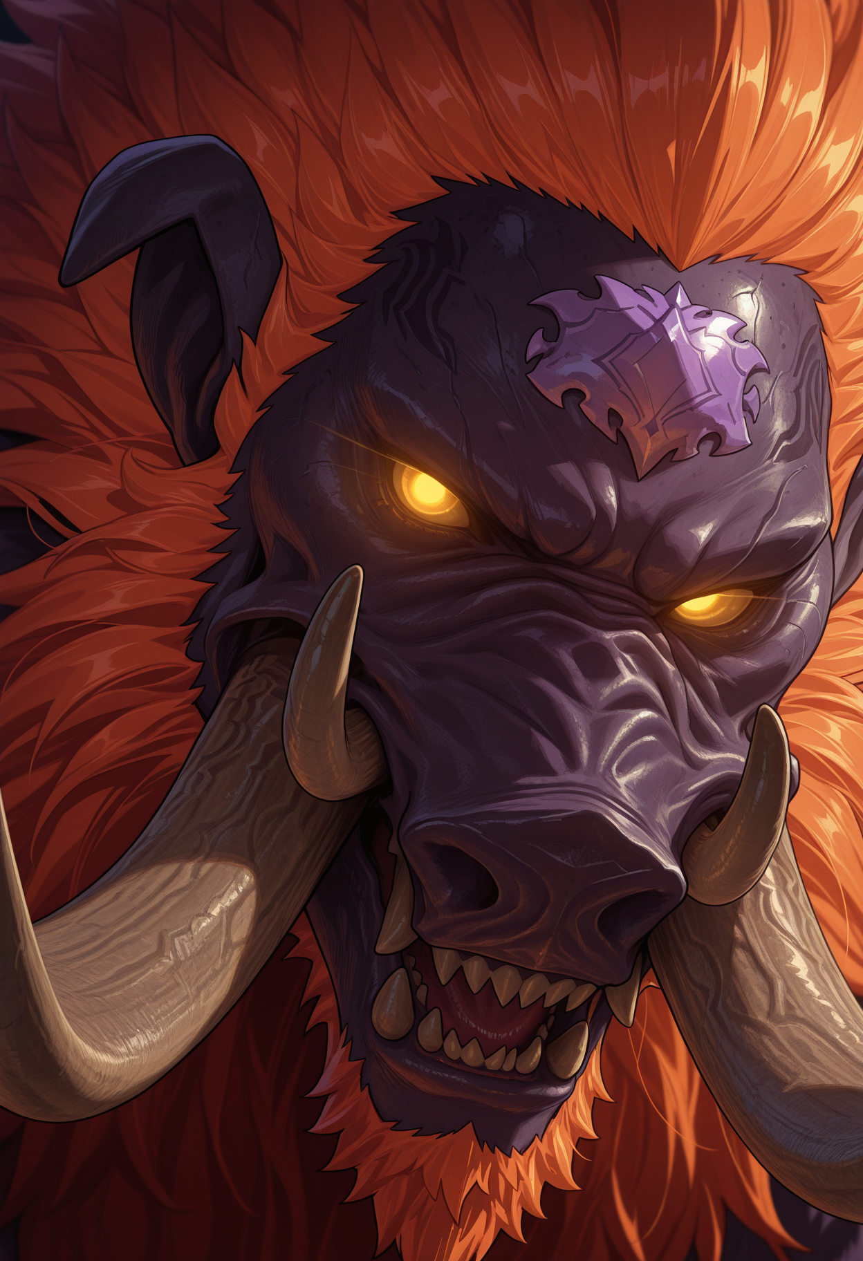 solo, portait, close-up, side view,  dbg4n0n, orange hair, monster, purple forehead, yellow eyes, no pupils, glowing eyes, looking at viewer, perfect anatomy, masterpiece, perfect quality, best quality, detailed, newest, very aesthetic
<lora:Illustrious\Characters\DarkBeastGanon__HyruleWarriors_V1_ILXL:1.0>