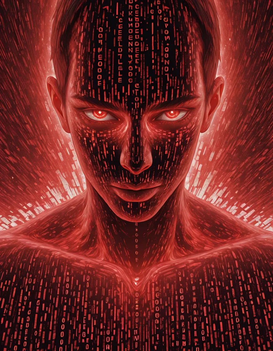 Glitchcore Art Style, detailed, mmatrix-style, silhouette, code, text focus, glitch, digital dissolve, 1boy, red theme, dynamic, dramatic, distorted, vibrant colors, glitchcore art style