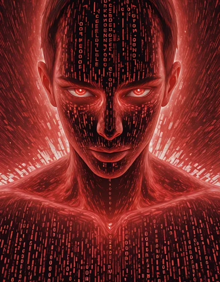 Glitchcore Art Style, detailed, mmatrix-style, silhouette, code, text focus, glitch, digital dissolve, 1boy, red theme, dynamic, dramatic, distorted, vibrant colors, glitchcore art style