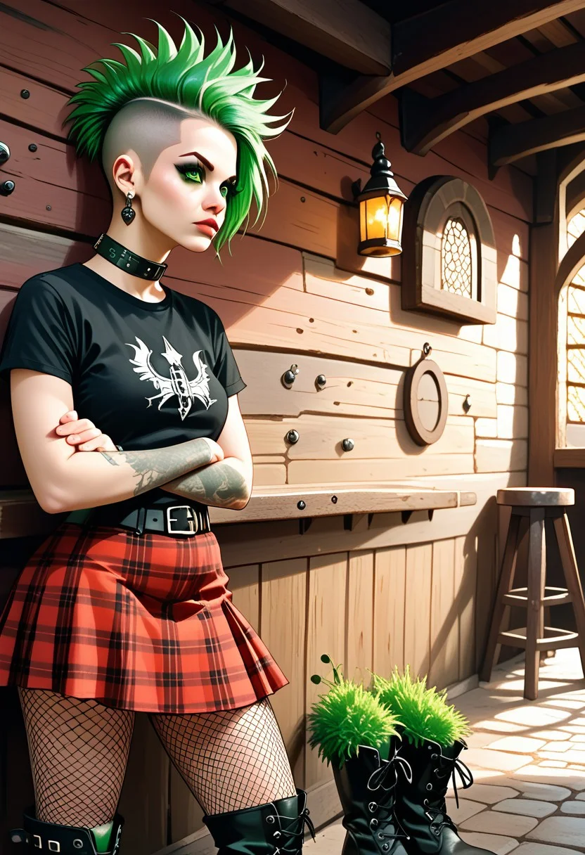 score_9, score_8_up, score_7_up, P0ll4, green hair, mohawk, short hair, undercut, makeup, green eyes, tattoo, breasts, collar, black t-shirt, midriff, belt, red skirt, plaid skirt, fishnet thighhighs, black boots, earrings, leaning against the outside wall of a pink medieval tavern, arms folded, highly detailed, high contrast, film grain, Rim Lighting