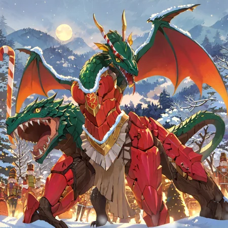 retanime, Mike Deodato, midjourneyv6.1, nutcracker, hyper-detail, hyper-realism, cinematic, intricate detail, detailed background, masterpiece, best quality, high quality, highres, absurdres, very detailed, high resolution, sharp, sharp image, aesthetic, Score_9, score_8_up, score_7_up, score_6, source_anime, vibrant, colorful, retro_artstyle, 1990s_(style), A majestic Western dragon with the iconic silhouette of powerful wings, a serpentine tail, and massive claws, designed in the whimsical style of a traditional nutcracker. Its body features glossy, painted wooden segments with visible joints at the legs, tail, and wings, mimicking the craftsmanship of a classic nutcracker. The dragon’s face is detailed with a large, mechanical jaw that opens like a nutcracker's, revealing teeth designed for cracking walnuts. Its scales resemble intricately painted patterns in festive reds, greens, and golds, with a touch of metallic sheen. The wings are broad and bat-like, appearing as wooden panels with decorative carvings and holiday accents. The dragon’s eyes glimmer with a mischievous holiday spirit, and it holds a candy cane staff or a pile of cracked nuts in its talons. The setting is a snowy, festive landscape with twinkling lights and a towering Christmas tree in the background, emphasizing the holiday theme