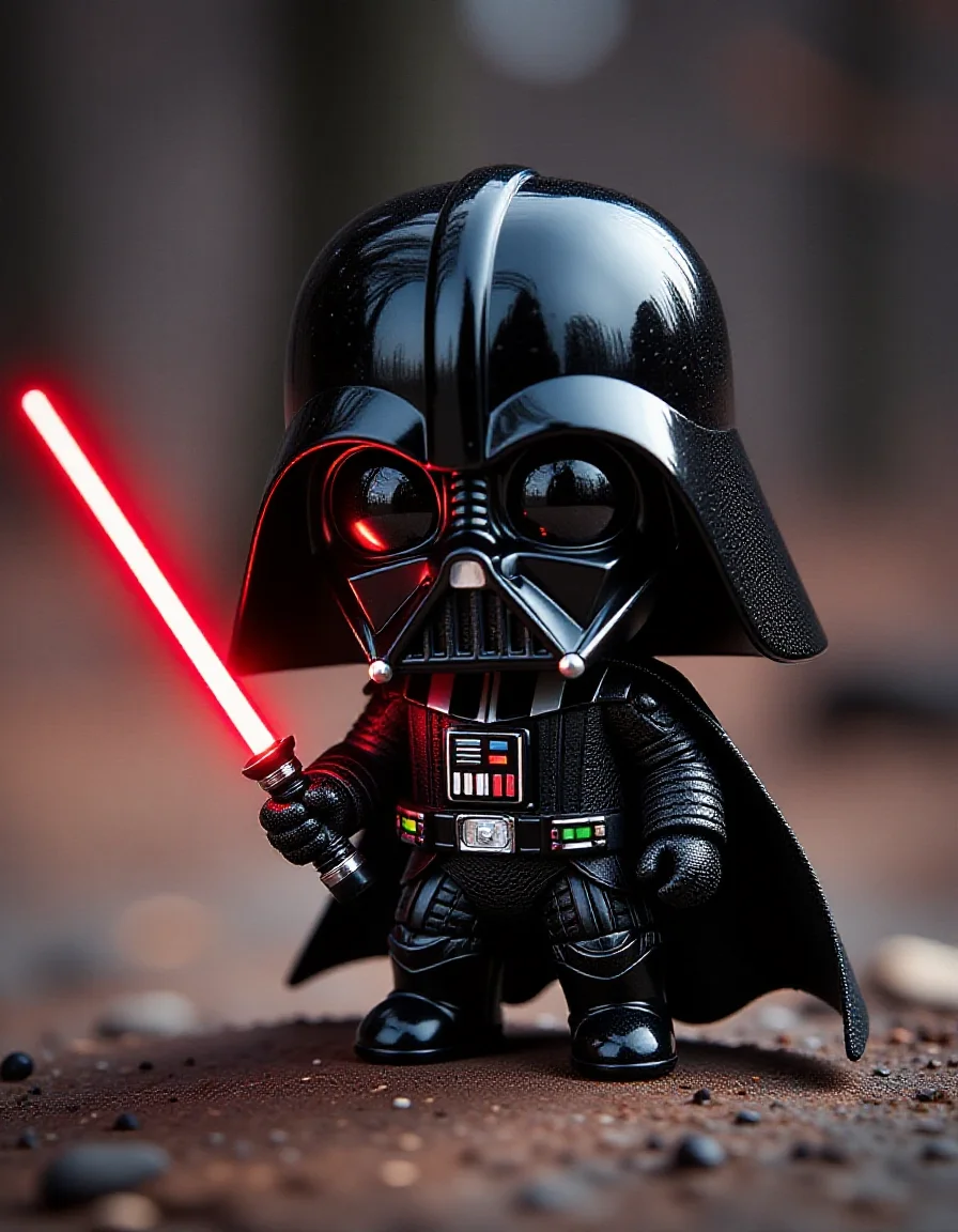 small zhibi darth vader, using the force to play with a little death star, holding a red lightsaber <lora:zhibi_flux:1>