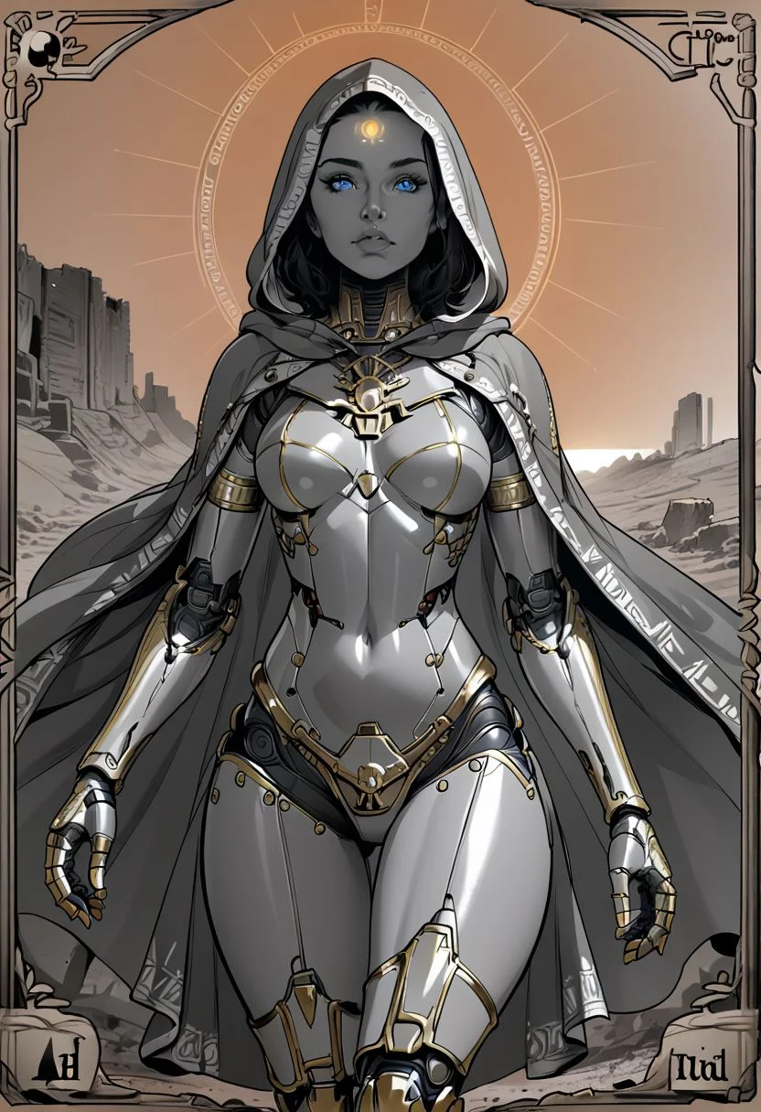 score_9, score_8_up, score_7_up, score_6_up, score_5_up, score_4_up, (from below, close up:1.2), cyborg, woman, old face,thin, (blue eyes:1.3), detailed eyes, shiny metallic skin, mechanical lower body, reverse legs, heavy cape, (gold plating:1.3),
walking, hood up, scorching sun, hand on forehead, looking at viewer, quarter turned,
desert, ancient city ruins, dry land, (pale orange background:1.3), (gold glowing sun:1.3),
lineart, monochrome, greyscale, (tarot card composition:1.3),