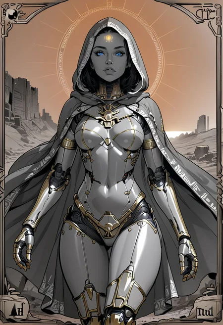 score_9, score_8_up, score_7_up, score_6_up, score_5_up, score_4_up, (from below, close up:1.2), cyborg, woman, old face,thin, (blue eyes:1.3), detailed eyes, shiny metallic skin, mechanical lower body, reverse legs, heavy cape, (gold plating:1.3),
walking, hood up, scorching sun, hand on forehead, looking at viewer, quarter turned,
desert, ancient city ruins, dry land, (pale orange background:1.3), (gold glowing sun:1.3),
lineart, monochrome, greyscale, (tarot card composition:1.3),