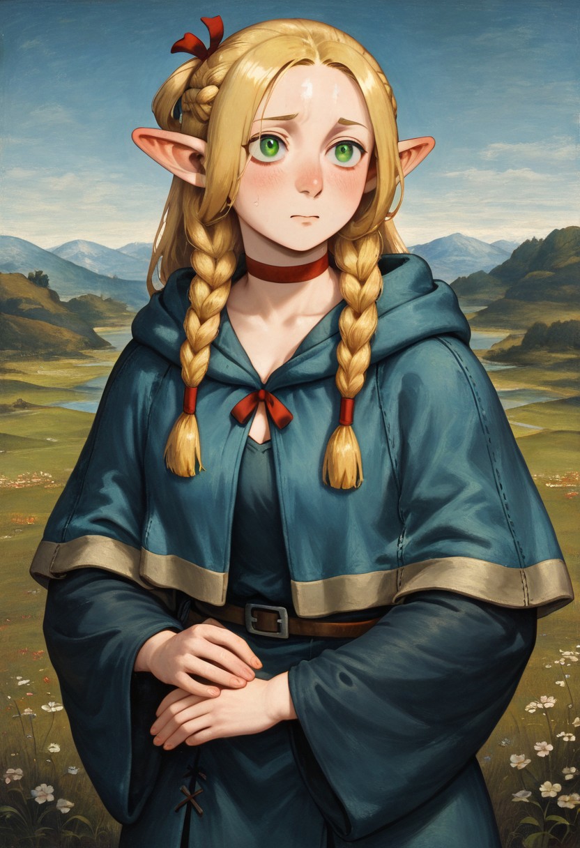 masterpiece, best quality, newest, absurdres, highres, 
ROPV1.0, fine art, fine art. parody, oil painting, traditional media,
1girl, marcille_donato \(dungeon_meshi\), elf, pointy ears, green eyes, blonde,
