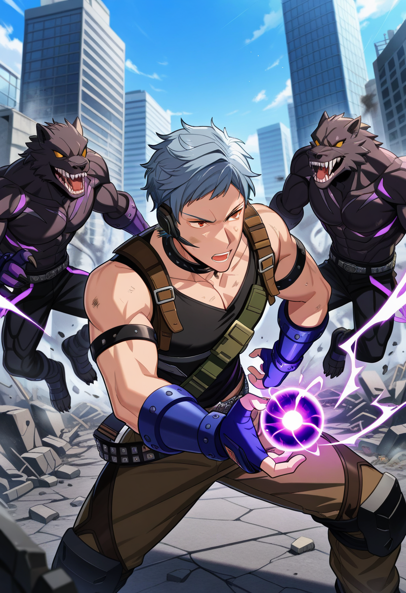4boys, male focus, solo focus, 
 <lora:Character - Helios Rising Heroes - Asch AlbrightIllust:1> aschalbright, blue hair, orange eyes, muscular male, 
. zPDXL, best quality, great aesthetic, absurdres, year2023, uncensored, score_9,
outdoor, black tank top, fingerless gloves, blue gloves, belt, brown pants, fighting stance, rubble, surrounded by monster, purple energy ball, dirty face,