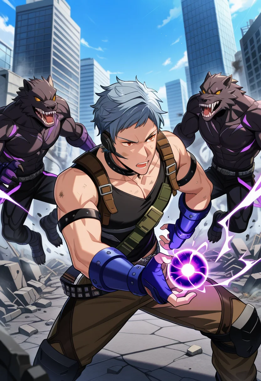 4boys, male focus, solo focus,
<lora:Character - Helios Rising Heroes - Asch AlbrightIllust:1> aschalbright, blue hair, orange eyes, muscular male,
. zPDXL, best quality, great aesthetic, absurdres, year2023, uncensored, score_9,
outdoor, black tank top, fingerless gloves, blue gloves, belt, brown pants, fighting stance, rubble, surrounded by monster, purple energy ball, dirty face,