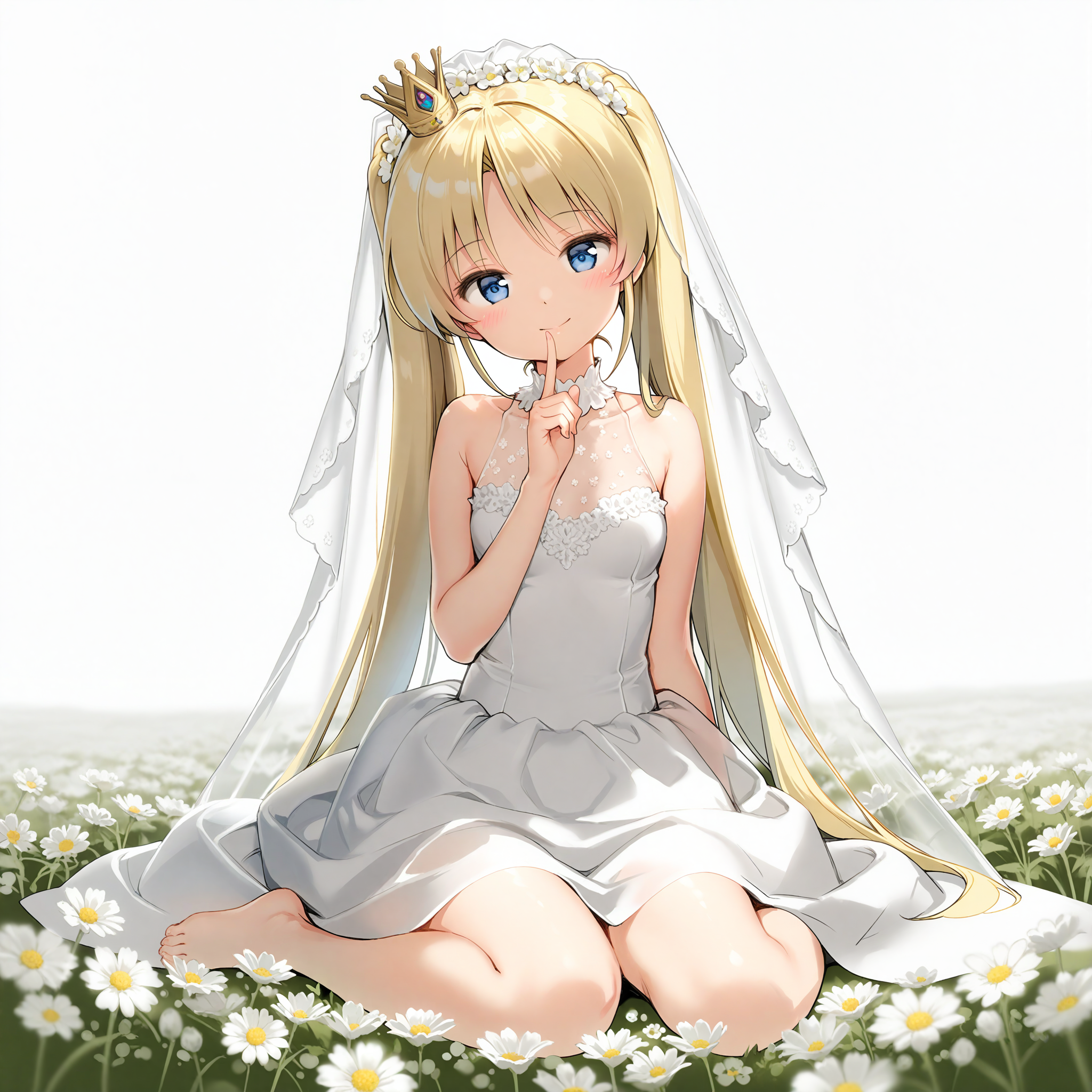 <lora:AnmiStyle_n16c16_nai_Loha-000028:1.5>,AnmiStyle,
<lora:Licia_de_novus_Yurii_1_nai:0.8>,Licia de novus Yurii,twintails,
wedding dress,bridal veil,see-through clothes,
1girl,solo,smile,looking at viewer,depth of field,lens_flare,head tilt,wariza,finger to mouth,arm at side,simple background,flower,white flower,flower field,white background,barefoot,mini crown,