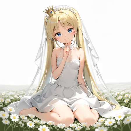 <lora:AnmiStyle_n16c16_nai_Loha-000028:1.5>,AnmiStyle,
<lora:Licia_de_novus_Yurii_1_nai:0.8>,Licia de novus Yurii,twintails,
wedding dress,bridal veil,see-through clothes,
1girl,solo,smile,looking at viewer,depth of field,lens_flare,head tilt,wariza,finger to mouth,arm at side,simple background,flower,white flower,flower field,white background,barefoot,mini crown,