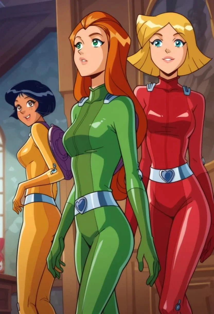 masterpiece,best quality, highly detailed, score_9, score_8_up, score_7_up, score_6_up, source_cartoon, BREAK, 1girls, 3girls, multiple girls, \(totally spies\), samts, alexts, cloverts, orange hair, green eyes, blonde hair, blue eyes, brown hair, brown eyes, red bodysuit, green bodysuit, yellow bodysuit,