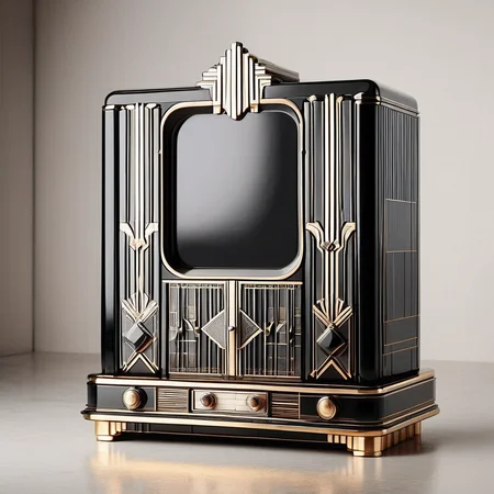 RetroBG, vintage television, Art Deco design, geometric shapes, ornamental details, black and gold, elegant, classic, straight and curved lines, 1930s style, antique, collectible, home decor, retro technology, old-fashioned, decorative, historical, vintage electronics, black and gold accents, stylish, sophisticated, timeless, vintage aesthetic. <lora:RetroLuxe World Morph:1>