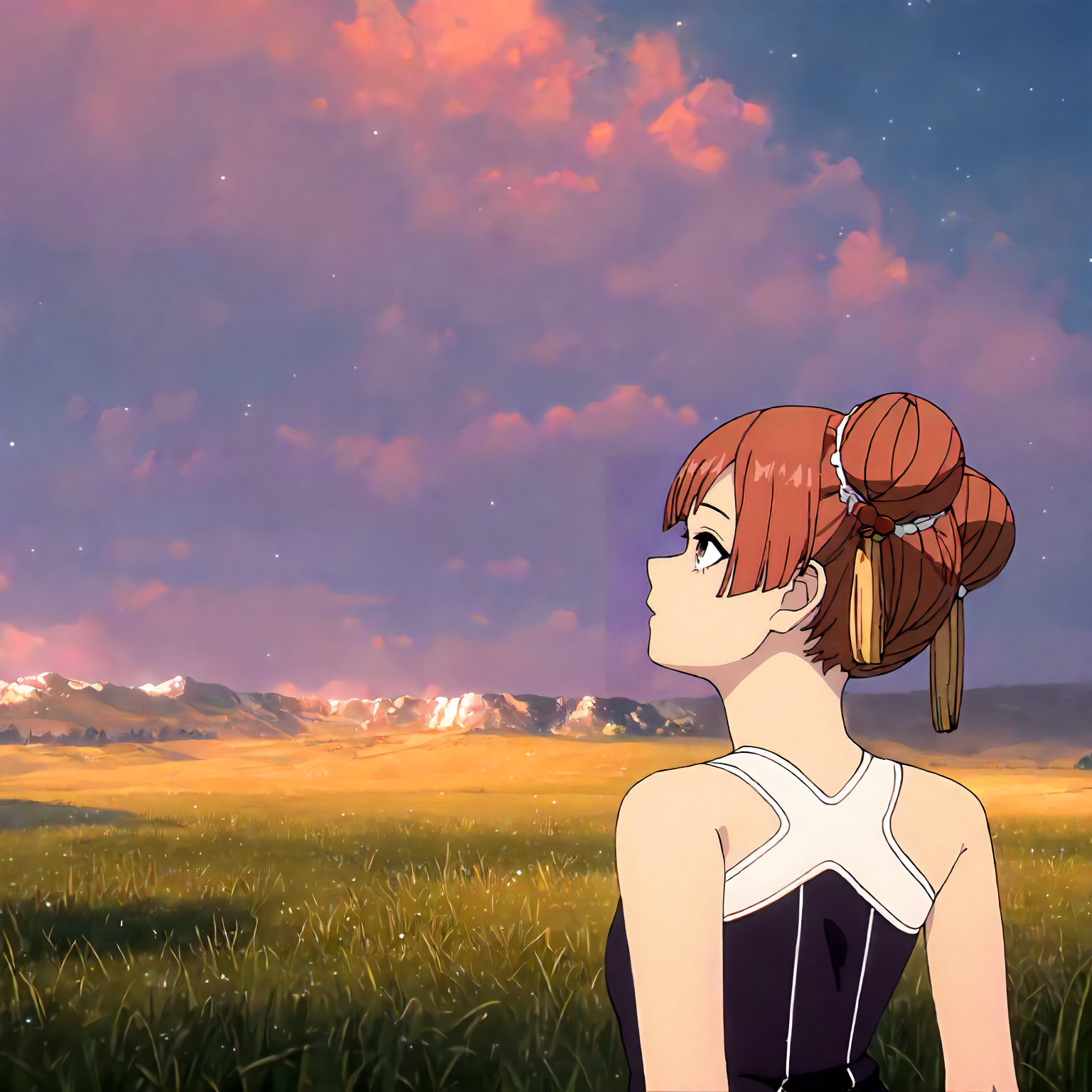 <lora:FBJE_LaufenXLIllustrious008>,
masterpiece,best quality,good quality,newest,
detailed background,grassland,sky,glitter,
looking at another,looking up,
solo,
Laufen,1girl,brown hair,short hair,double bun,brown eyes,yellow hairornament,
black dress,bare shoulders,
upper body,
standing,
